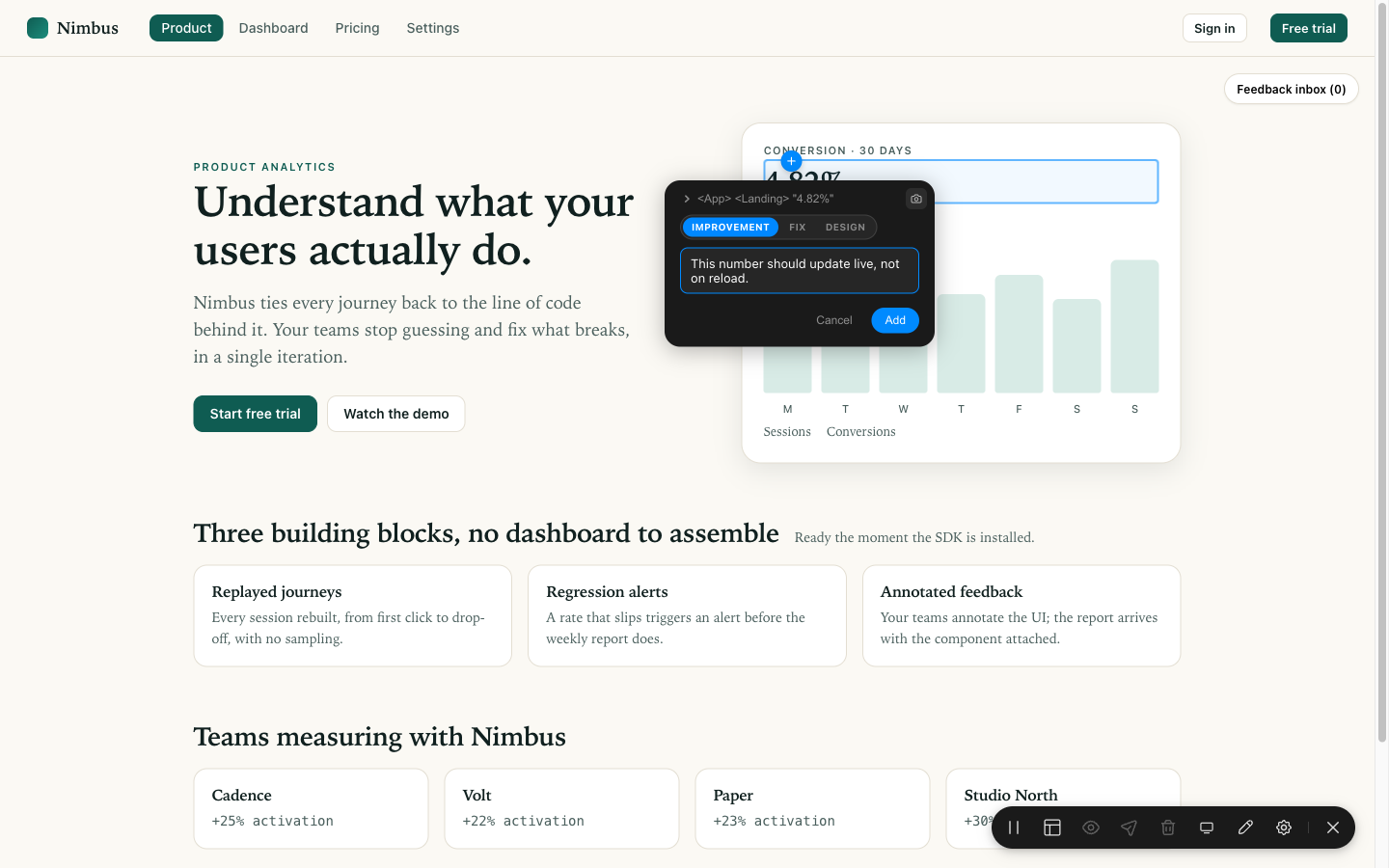 An annotation card open on a live page, with Improvement / Fix / Design chips and a note being written.