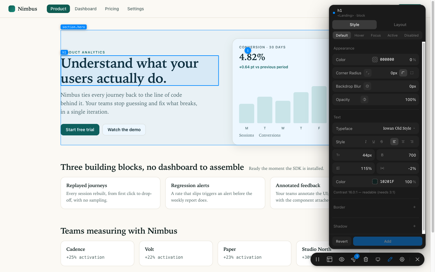 Annotate Kit's design inspector docked on a live web page, restyling a real element.