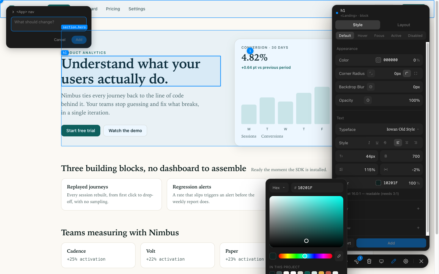 The colour picker showing the project's own palette under the saturation square