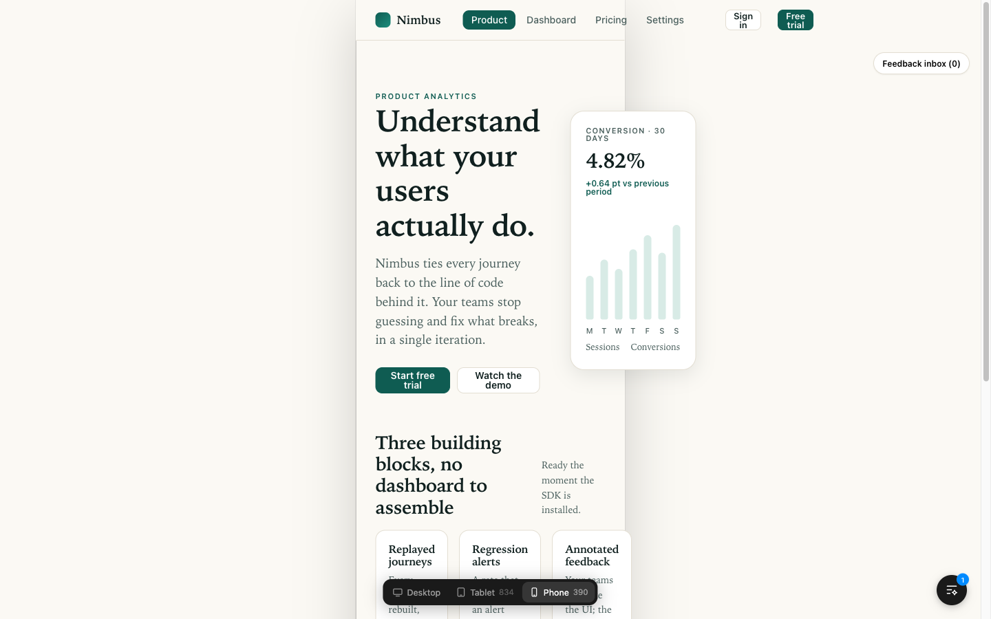 The page narrowed to phone width with the size switcher open