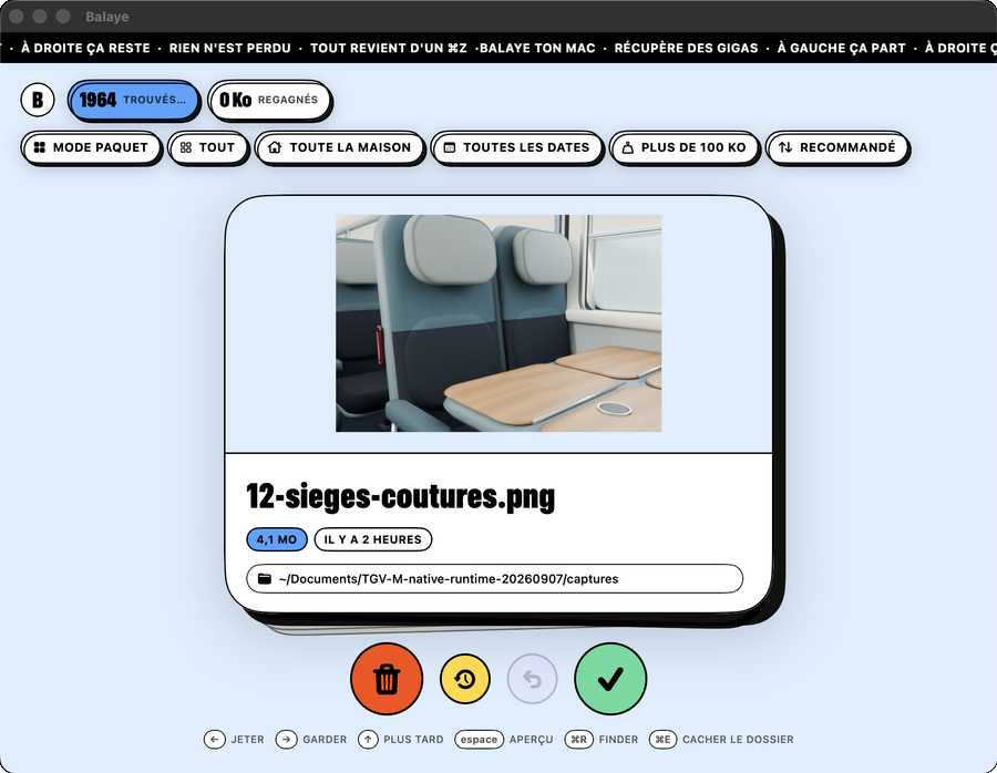 A file card in Balaye: the preview of an image, its name, weight, age and folder, the row of named filters above it, four round buttons to bin, postpone, undo or keep, and the keyboard shortcuts.