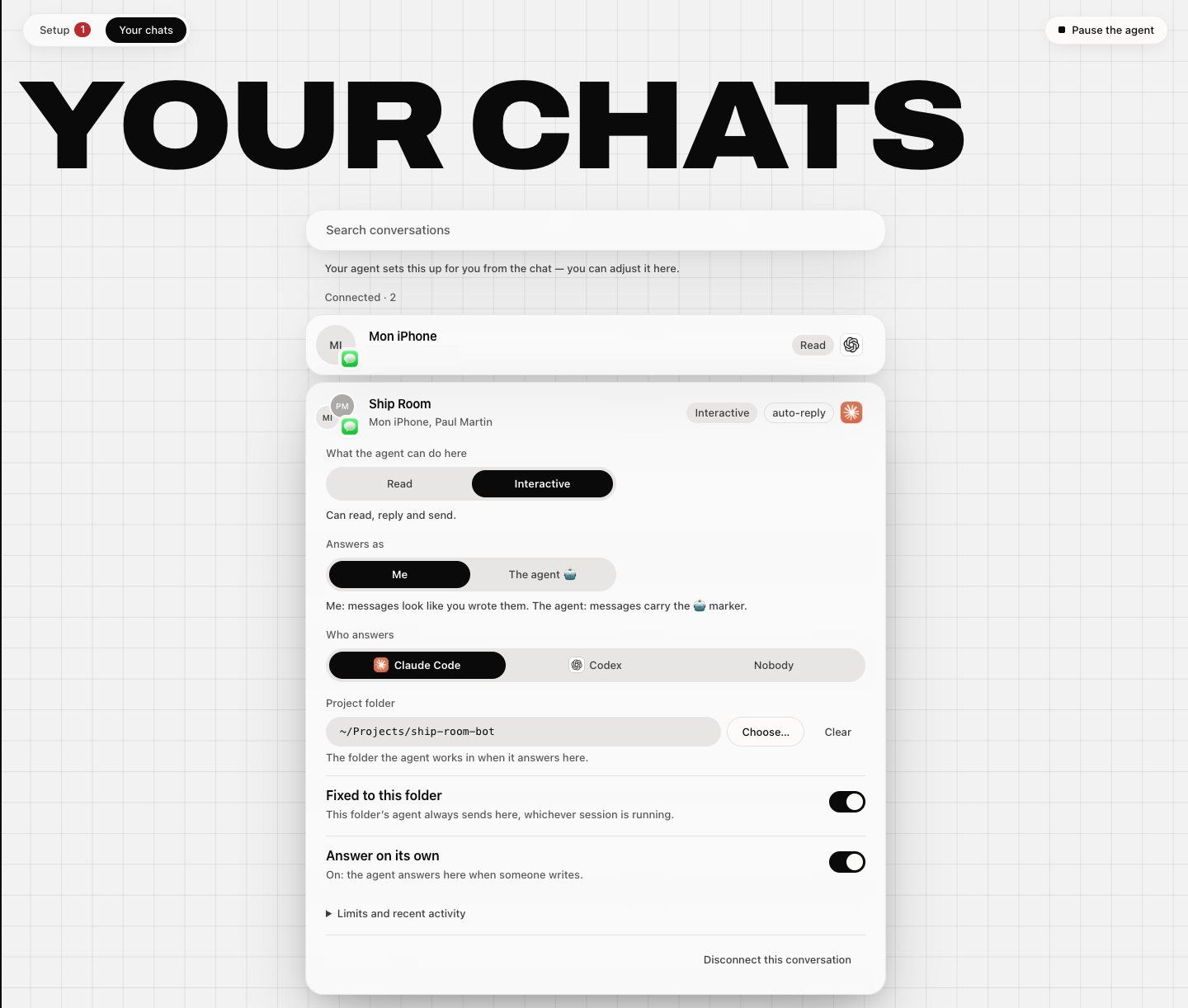 La page de réglages d’iMessage Connector (interface en anglais) : la conversation Ship Room en mode Interactive, Claude Code répond dans un dossier de projet, réponse automatique activée