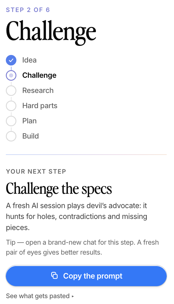 The next-step rail: where you are, what to do next, one button to copy the prompt